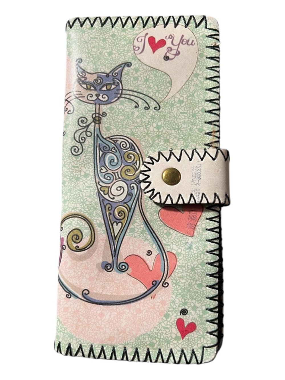 Vintage Cat Pattern Vegan Leather Wallet - Green & Pink